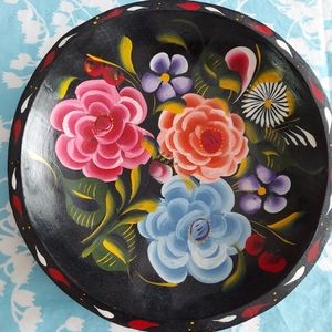 Vintage Painted floral wooden bowl for hanging or decor 9.5 inches in diameter